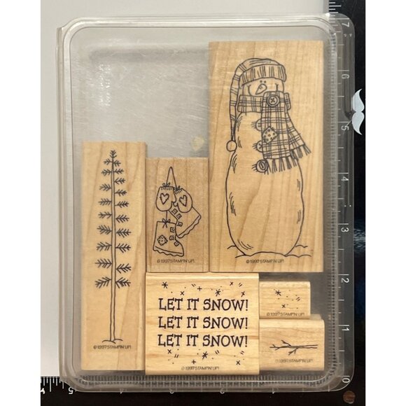 HTF VINTAGE Stampin Up! Let It Snow WOOD MOUNTED Rubber Stamp Set SNOWMAN TREE - Picture 2 of 5